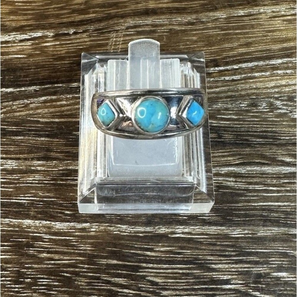 Native Southwest Sterling Silver 3 Stone Turquoise Band Ring 8.25 Signed